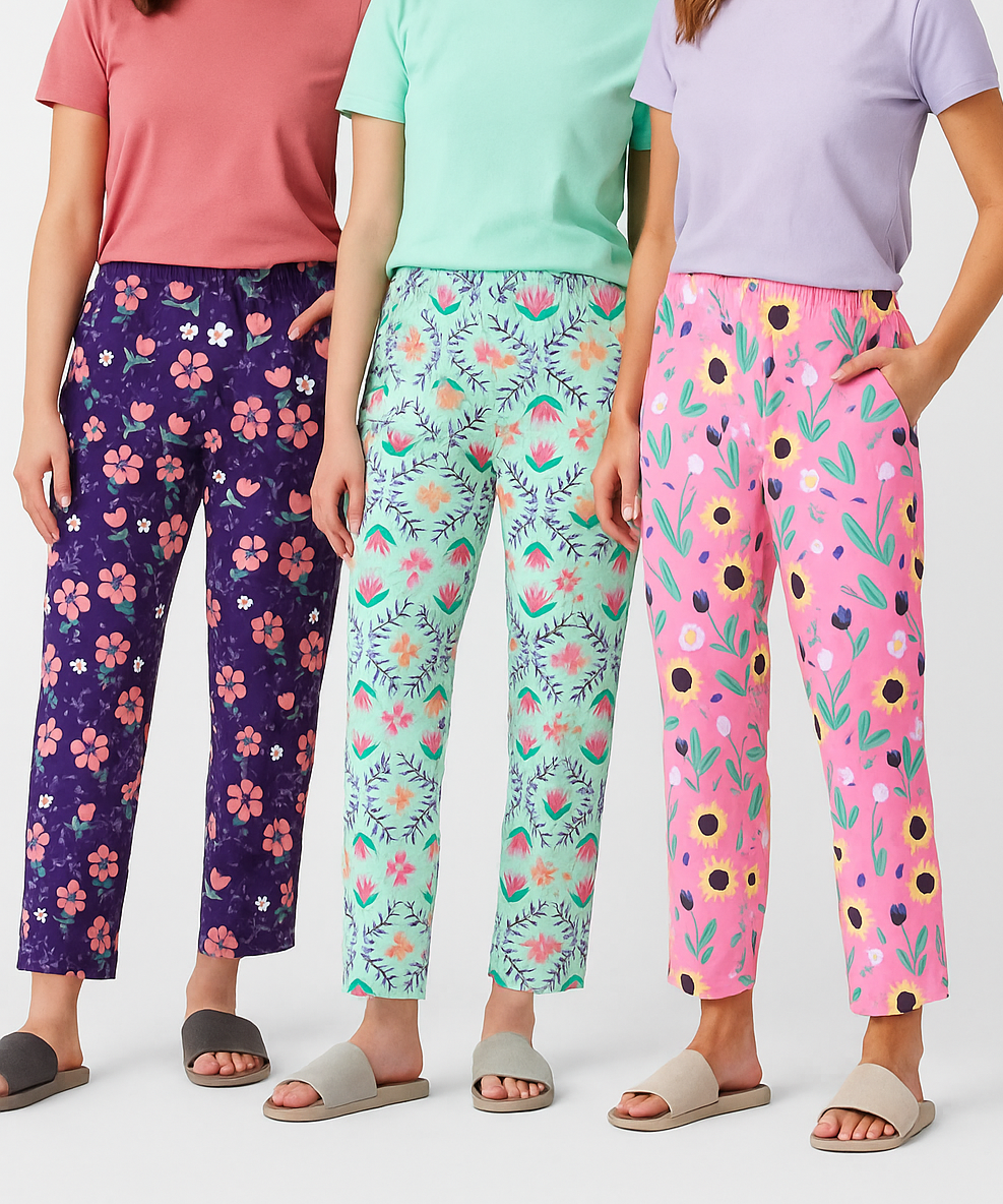 Women's 100% Printed Soft Cotton Night Wear | Track Pant - Pyjama (Pack of 3)
