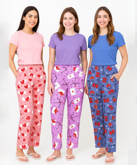 Women's 100% Printed Soft Cotton Night Wear | Track Pant - Pyjama (Pack of 3)
