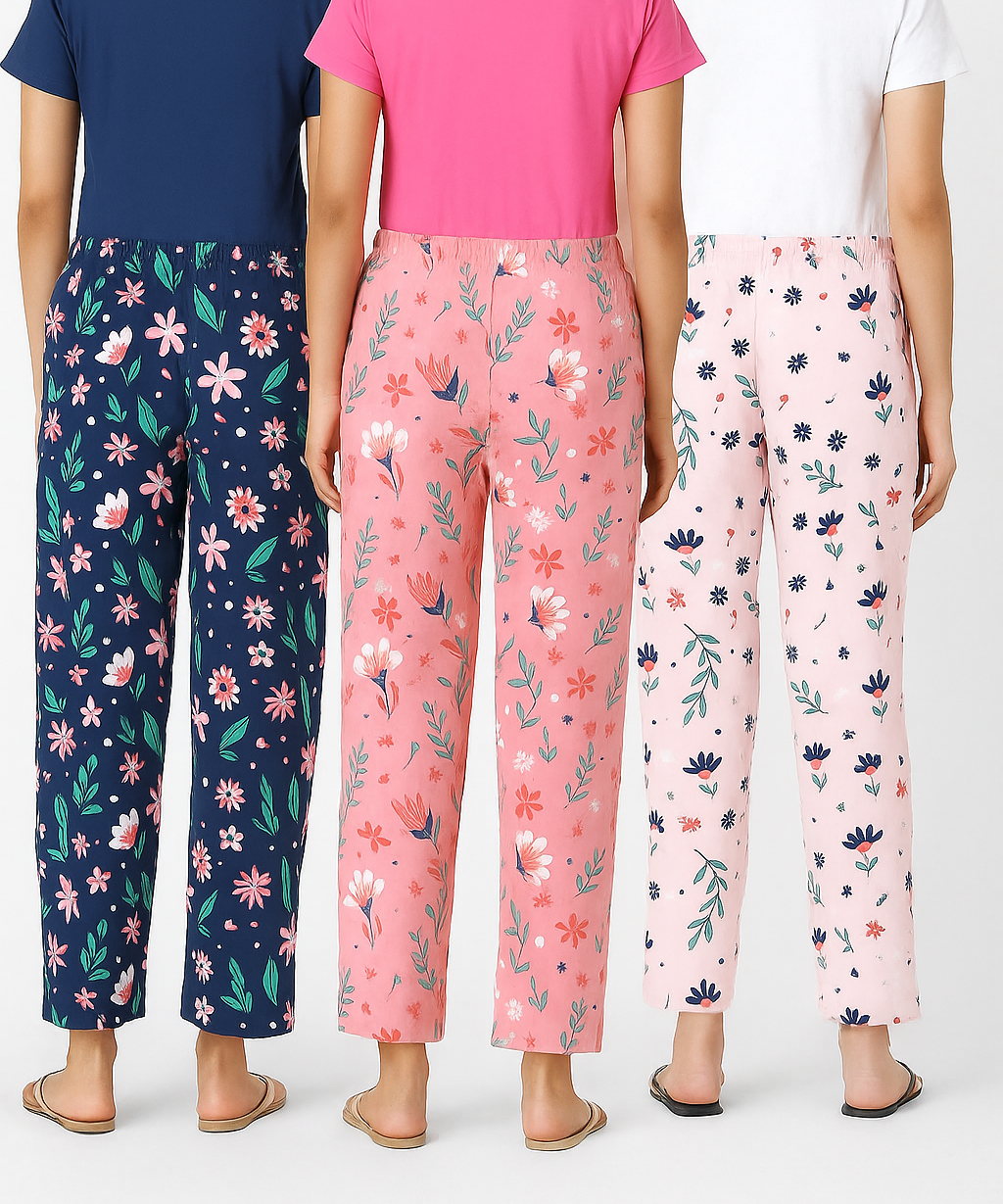 Women's 100% Printed Soft Cotton Night Wear | Track Pant - Pyjama (Pack of 3)
