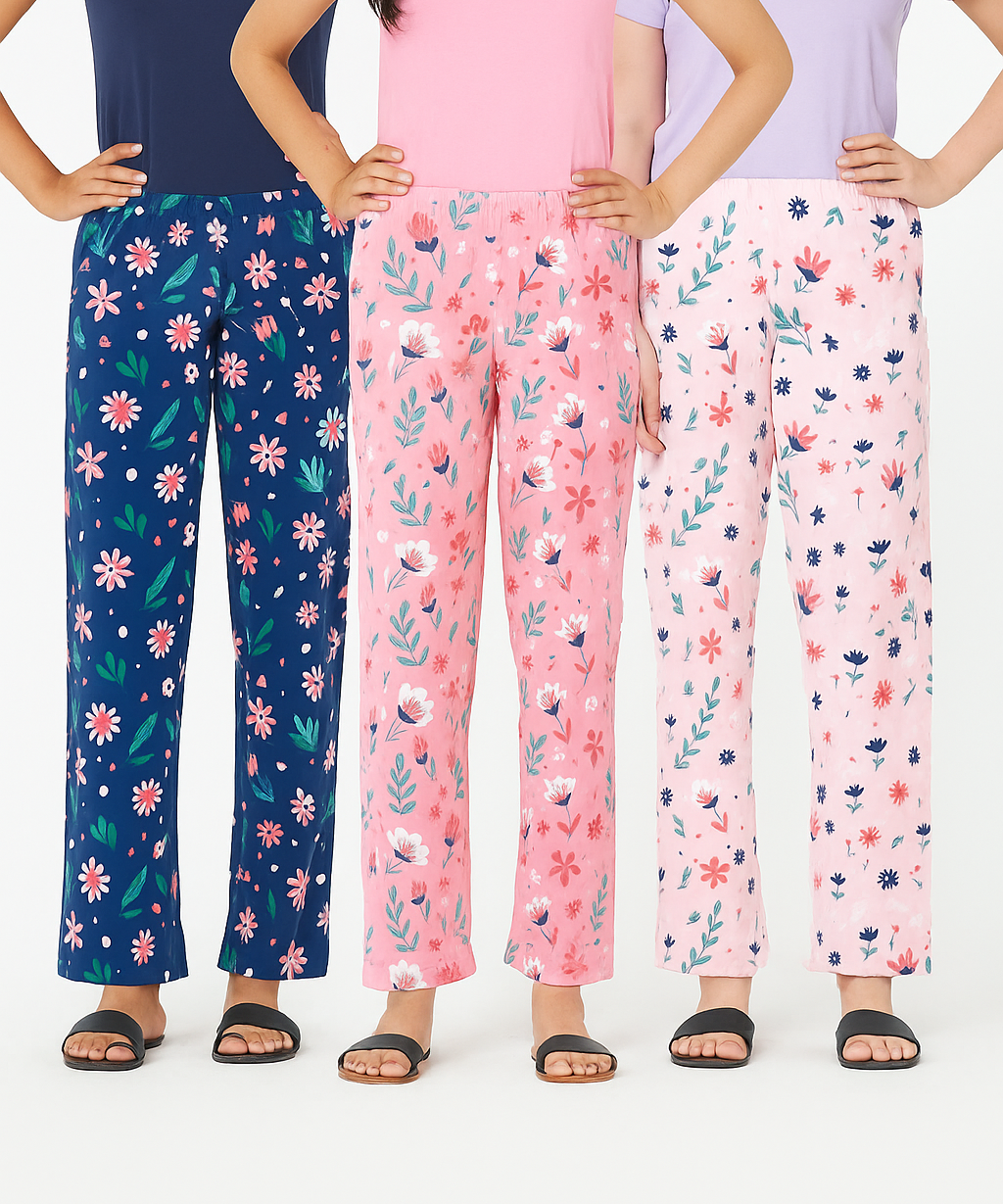 Women's 100% Printed Soft Cotton Night Wear | Track Pant - Pyjama (Pack of 3)