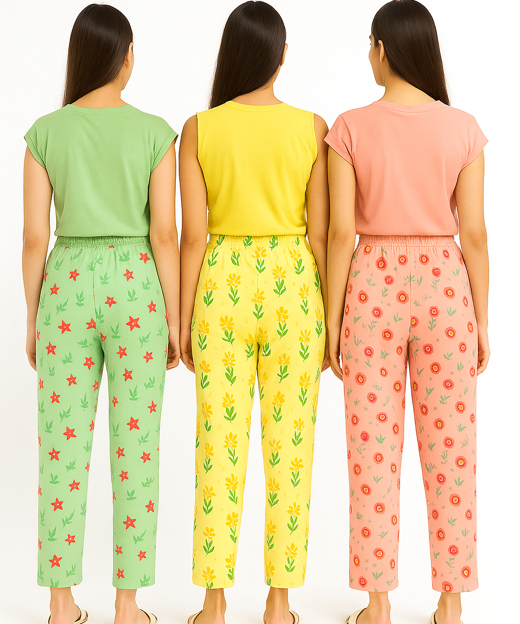 Women's 100% Printed Soft Cotton Night Wear | Track Pant - Pyjama (Pack of 3)