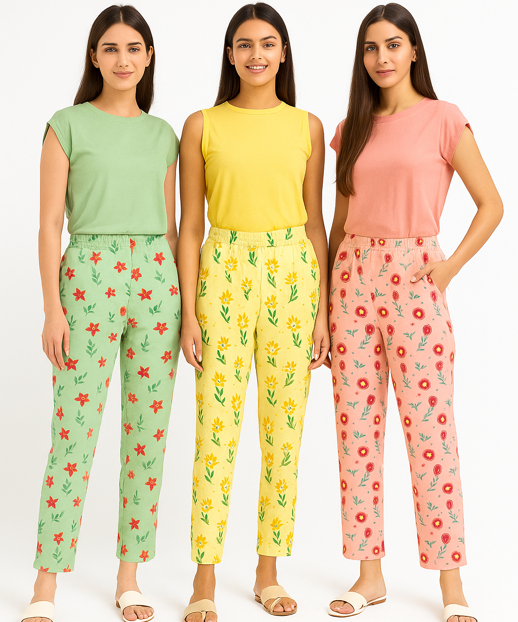 Women's 100% Printed Soft Cotton Night Wear | Track Pant - Pyjama (Pack of 3)