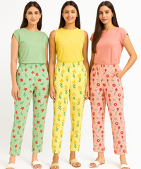 Women's 100% Printed Soft Cotton Night Wear | Track Pant - Pyjama (Pack of 3)