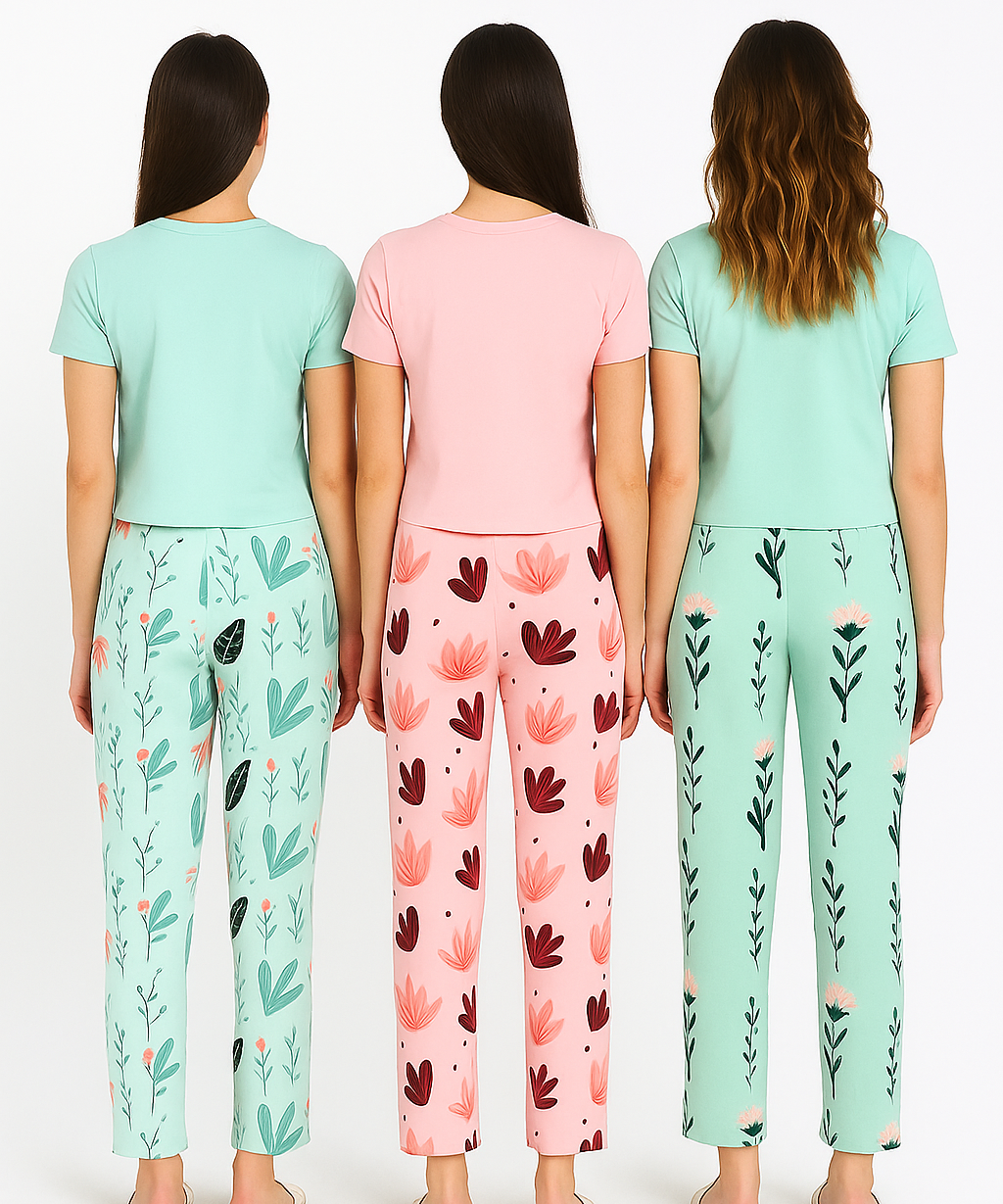 Women's 100% Printed Soft Cotton Night Wear | Track Pant - Pyjama (Pack of 3)