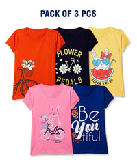 Girls Printed Casual Round Neck Tshirt (Pack of 3)