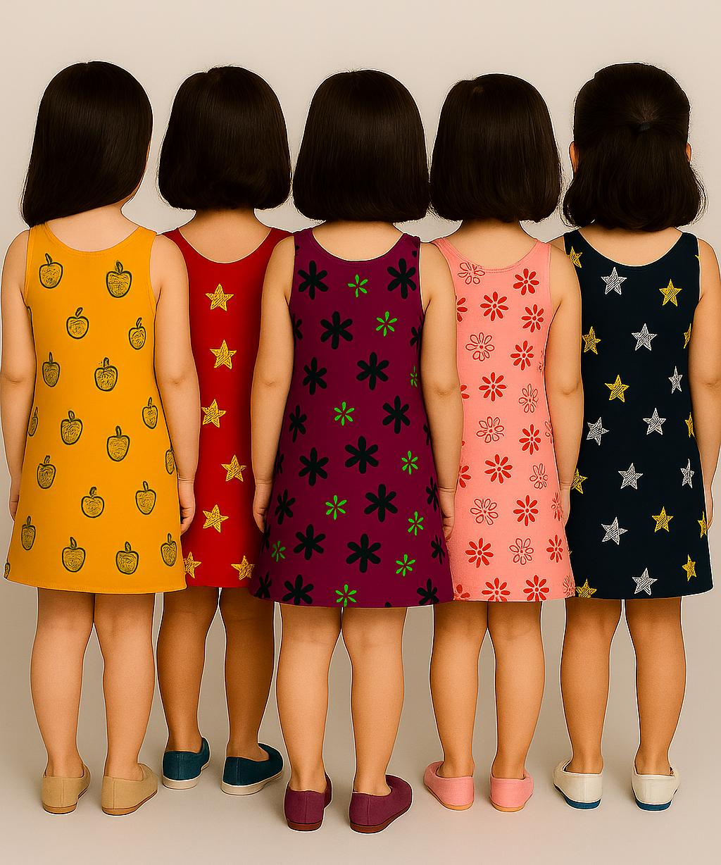 Girls 100% Cotton Printed 1 To 2 Years Gown Dress/Frock Dress (Pack of 5)