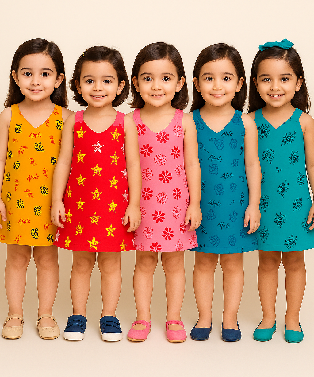 Girls 100% Cotton Printed 3 To 4 Years Gown Dress/Frock Dress (Pack of 5)