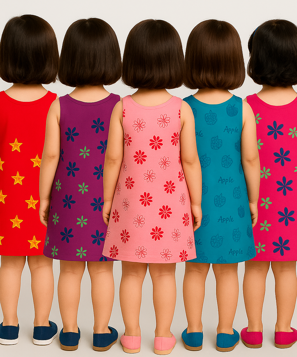 Girls 100% Cotton Printed 2 To 3 Years Gown Dress/Frock Dress (Pack of 5)