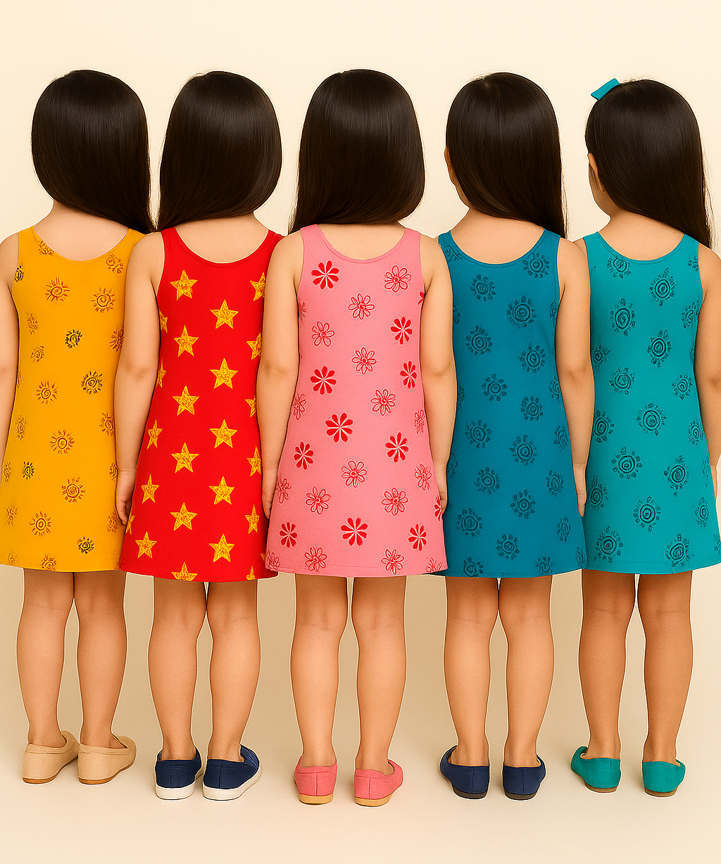 Girls 100% Cotton Printed 3 To 4 Years Gown Dress/Frock Dress (Pack of 5)