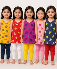 Girls 100% Cotton Printed 3 To 4 Years Gown Dress/Frock Dress (Pack of 5)