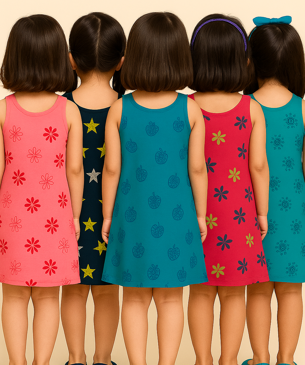 Girls 100% Cotton Printed 4 To 5 Years Gown Dress/Frock Dress (Pack of 5)