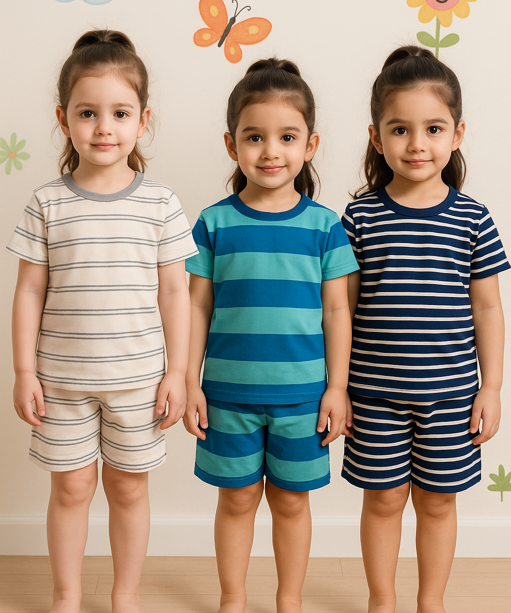 Girls Cotton Stripes Kids Co-ord Set Combo / Age 1-2 Years (Tshirt & Shorts Set Pack of 3)