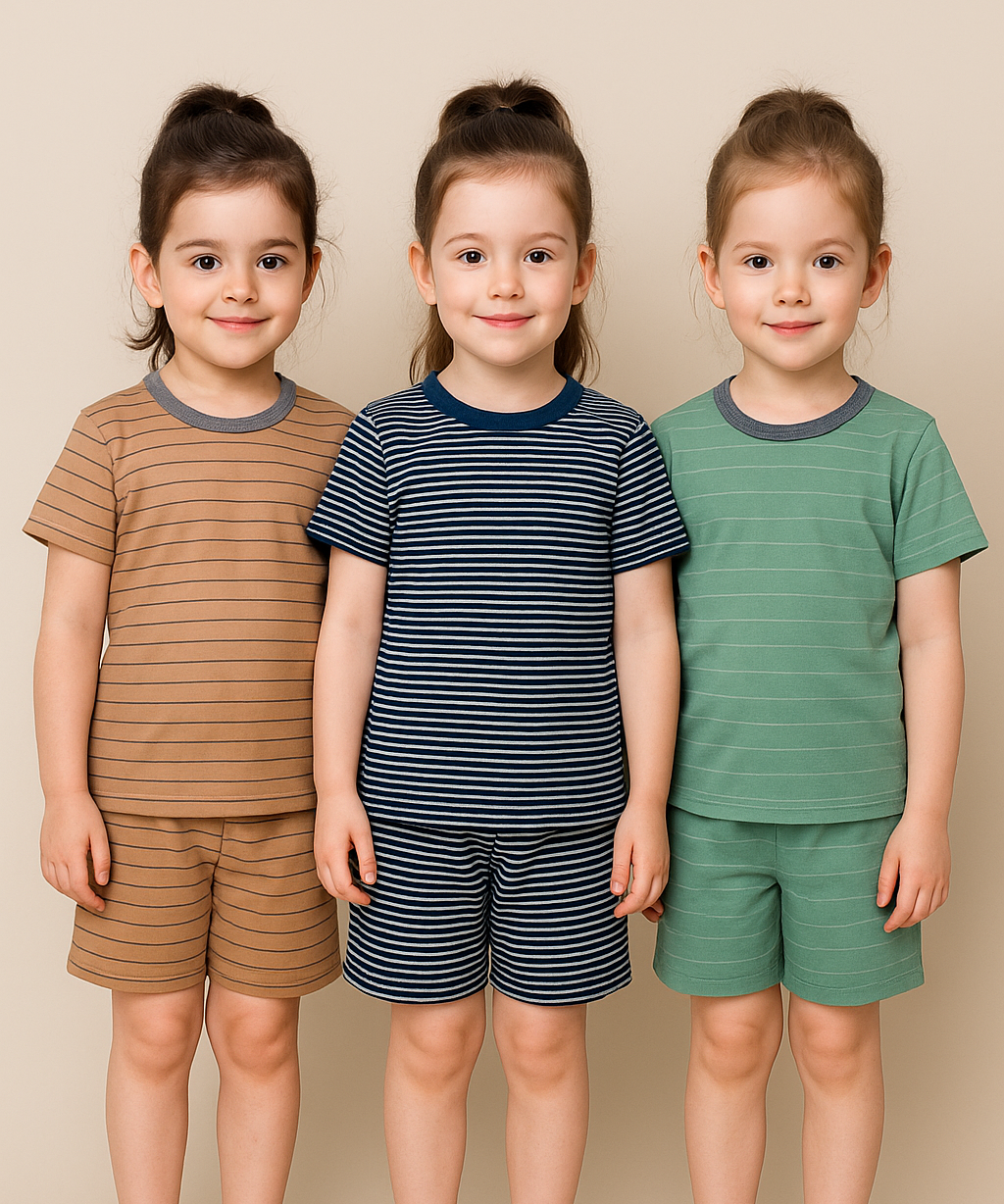 Girls Cotton Stripes Kids Co-ord Set Combo / Age 2-3 Years (Tshirt & Shorts Set Pack of 3)