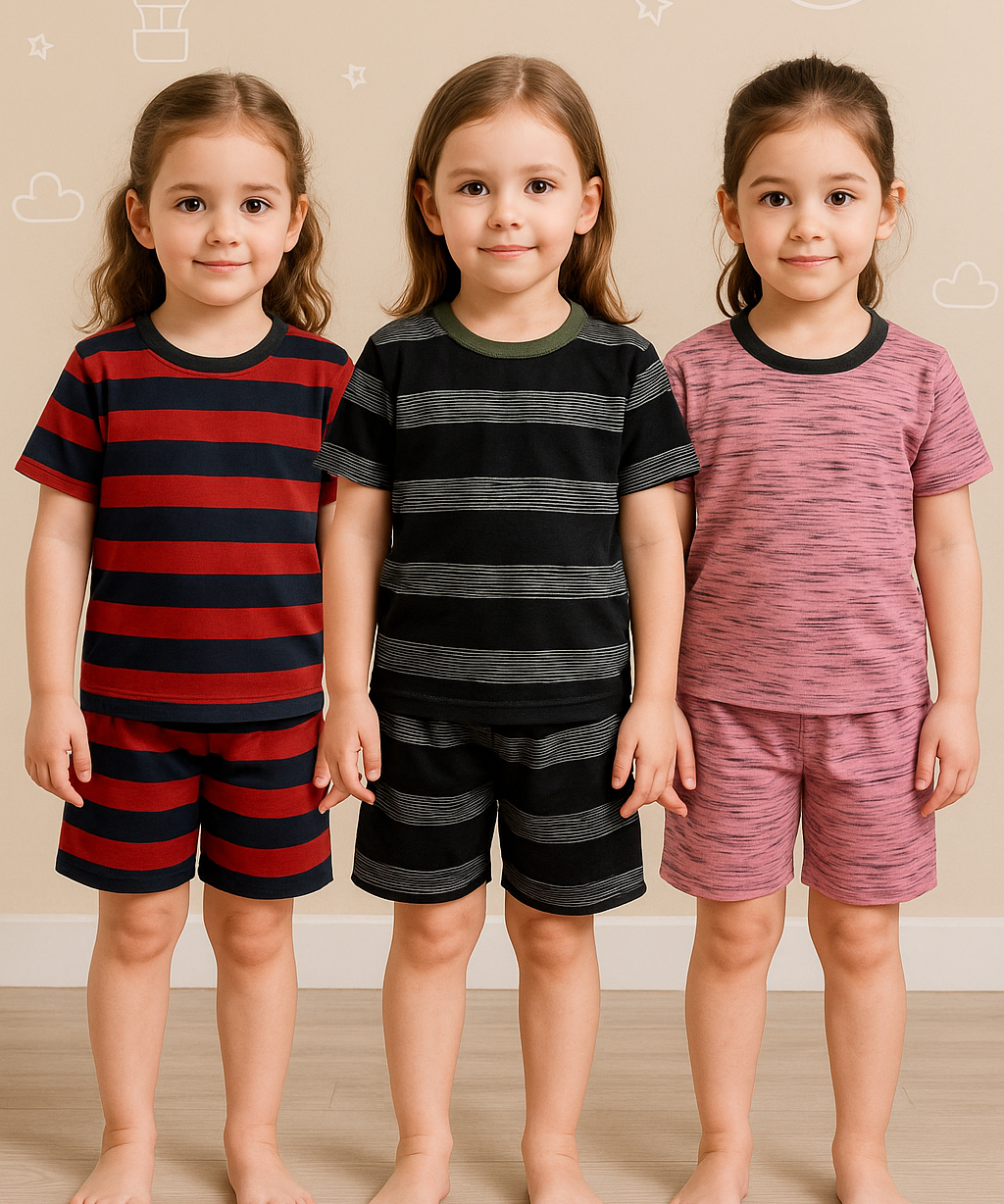 Girls Cotton Stripes Kids Co-ord Set Combo / Age 3-4 Years (Tshirt & Shorts Set Pack of 3)