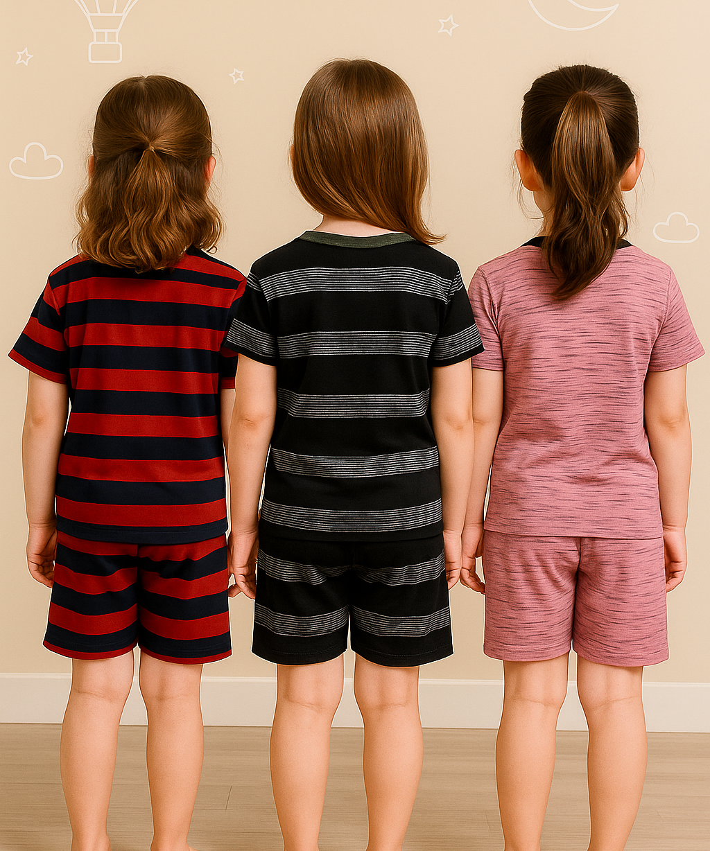 Girls Cotton Stripes Kids Co-ord Set Combo / Age 3-4 Years (Tshirt & Shorts Set Pack of 3)