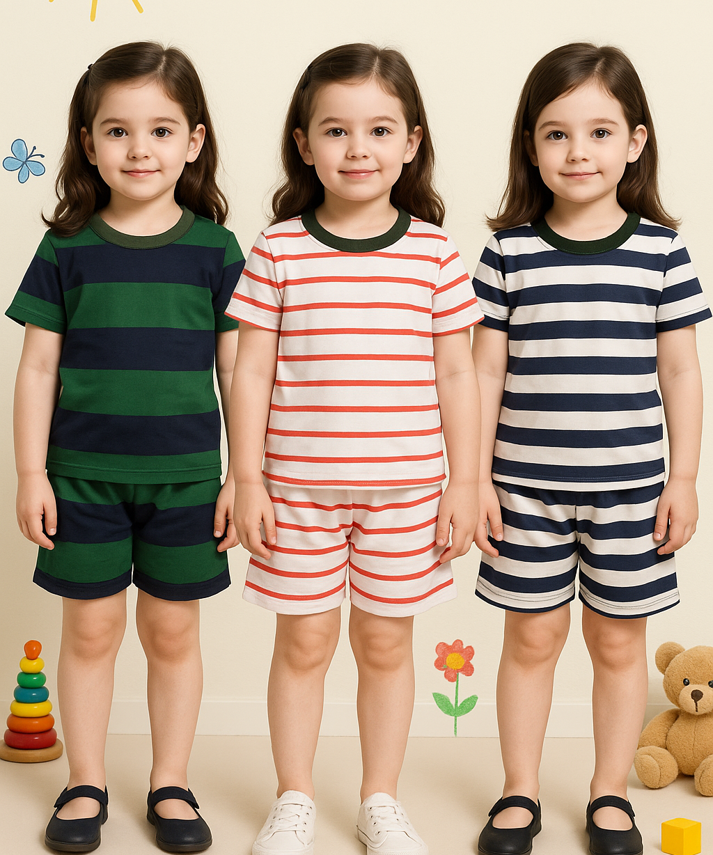 Girls Cotton Stripes Kids Co-ord Set Combo / Age 1-4 Years (Tshirt & Shorts Set Pack of 3)
