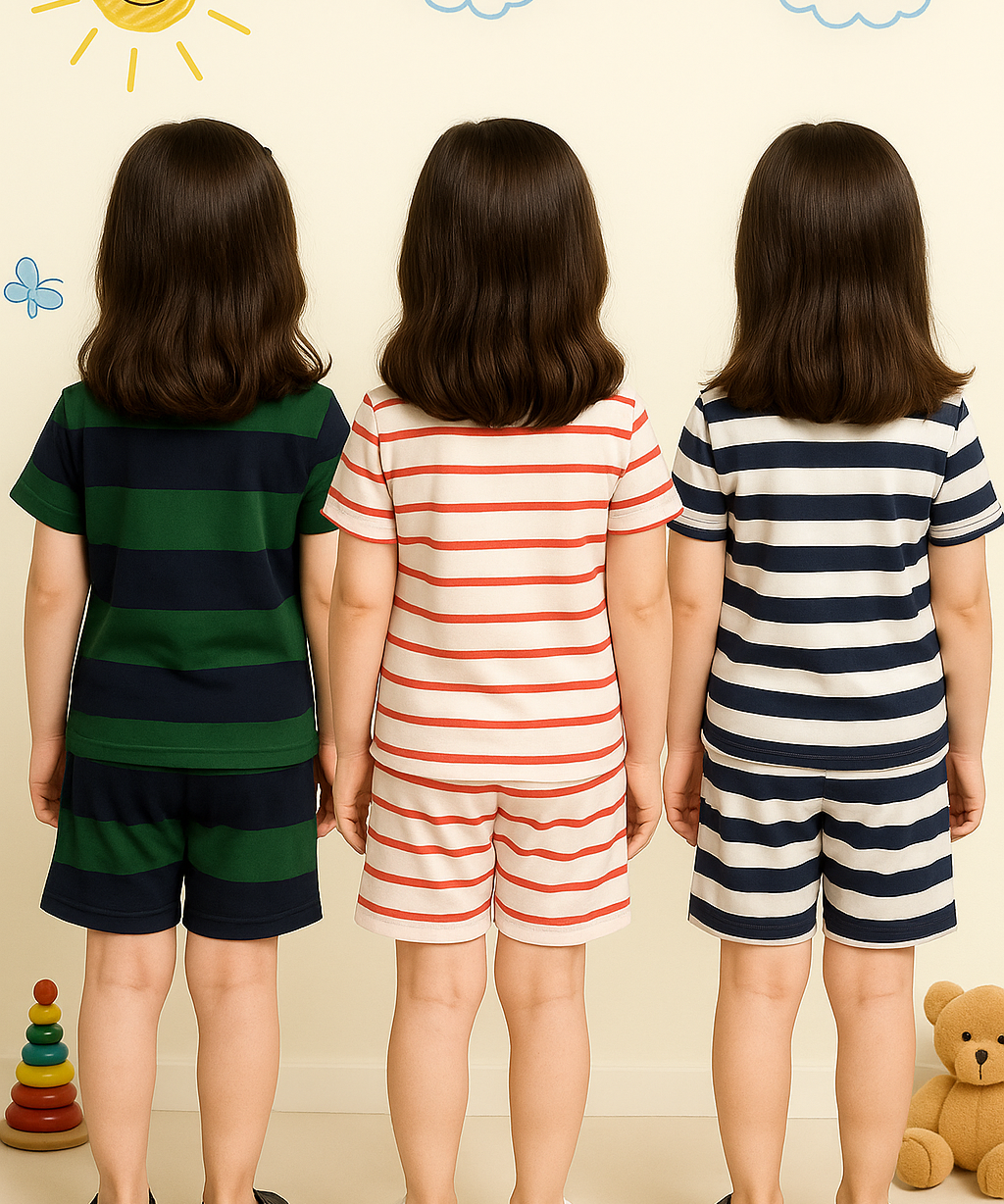 Girls Cotton Stripes Kids Co-ord Set Combo / Age 1-4 Years (Tshirt & Shorts Set Pack of 3)