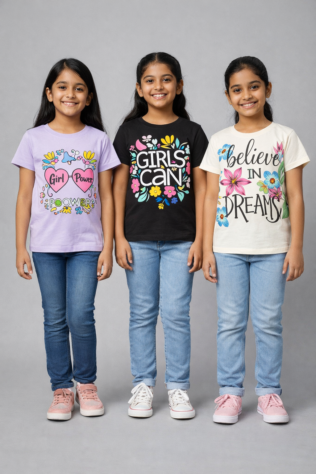 Girls Printed Casual Round Neck T-shirt (Pack of 3 Pieces)