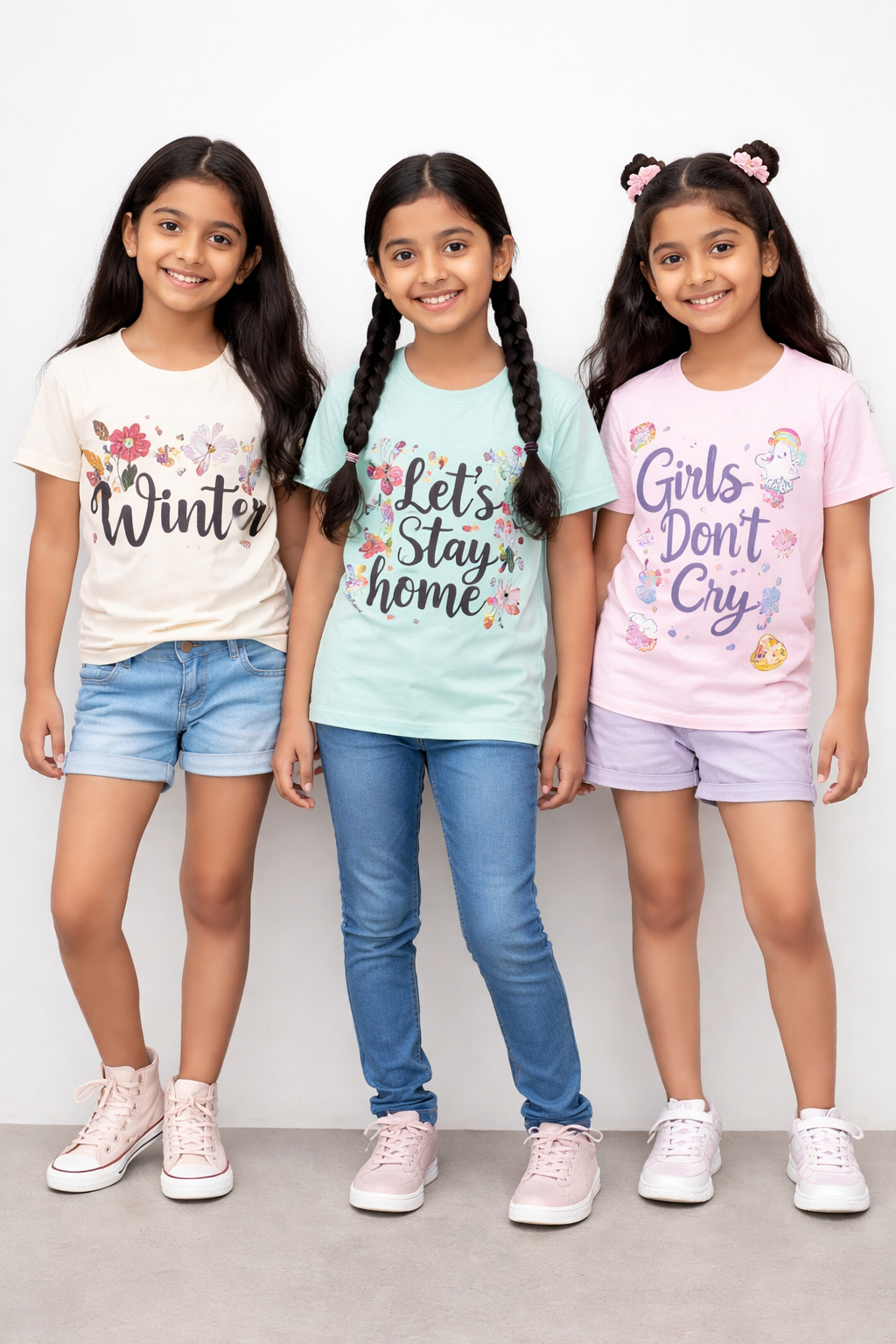 Girls Printed Casual Round Neck T-shirt (Pack of 3 Pieces)