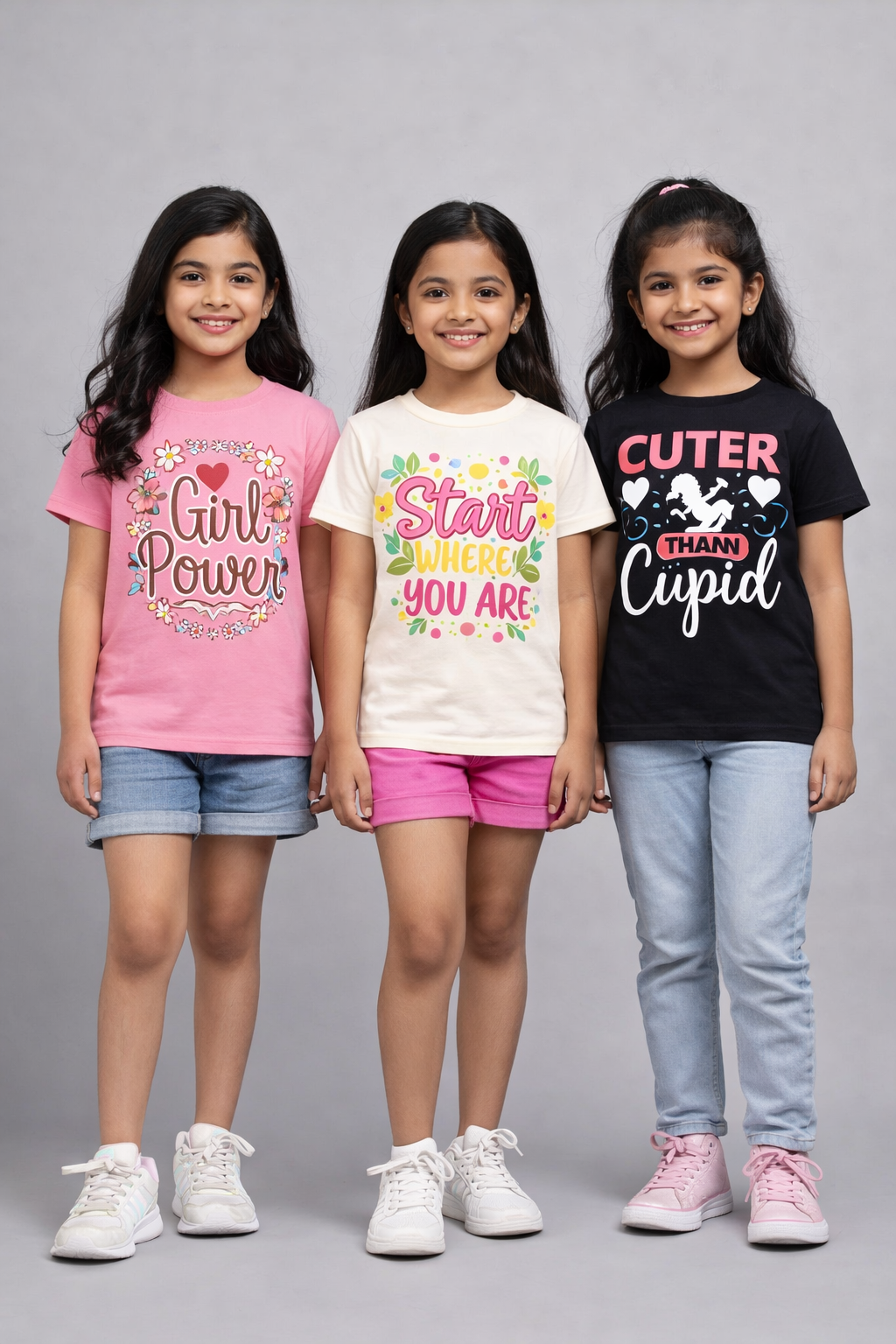 Girls Printed Casual Round Neck T-shirt (Pack of 3 Pieces)