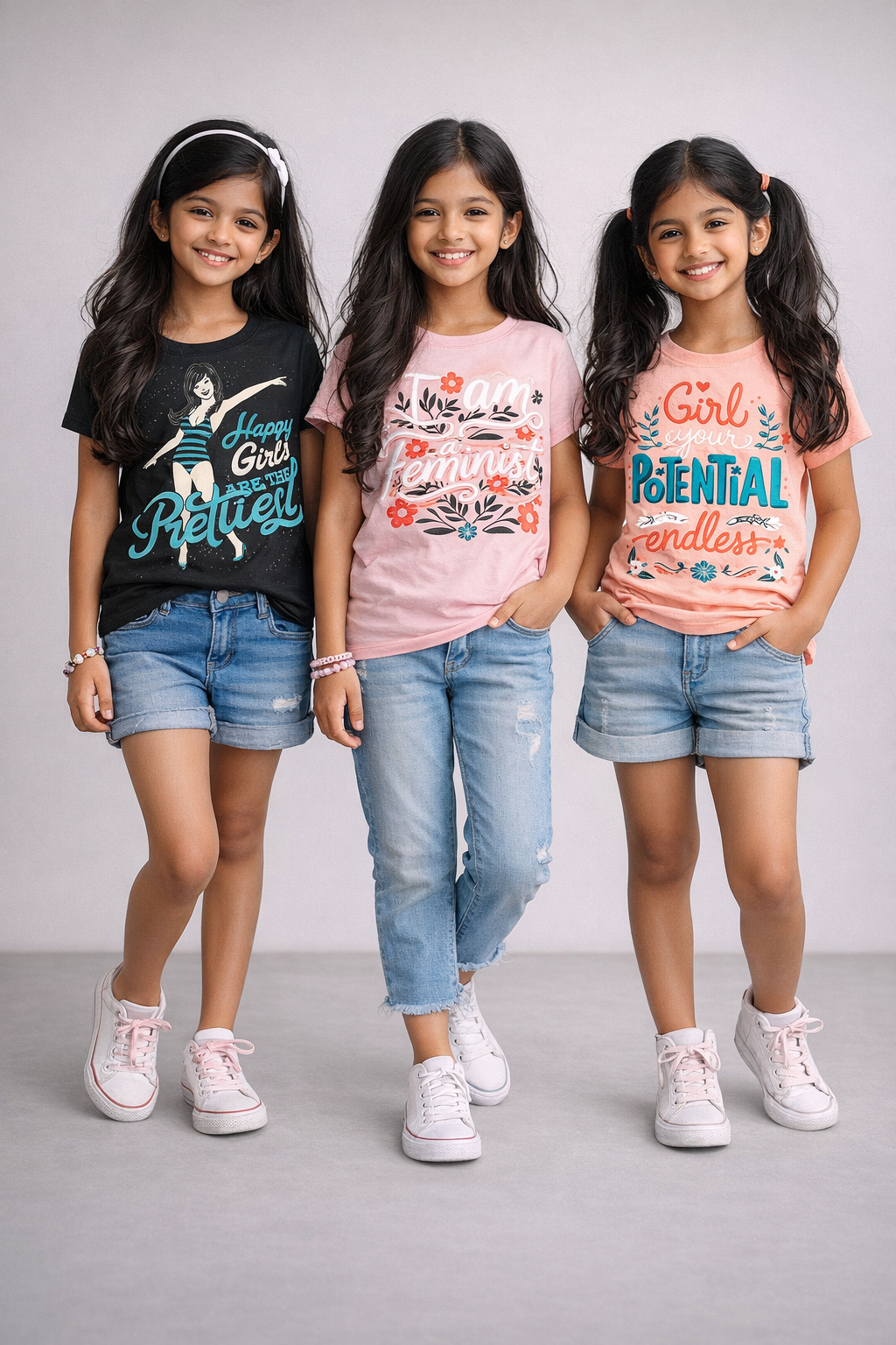 Girls Printed Casual Round Neck T-shirt (Pack of 3 Pieces)