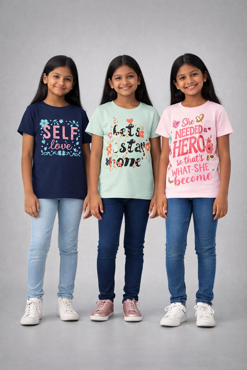 Girls Printed Casual Round Neck T-shirt (Pack of 3 Pieces)