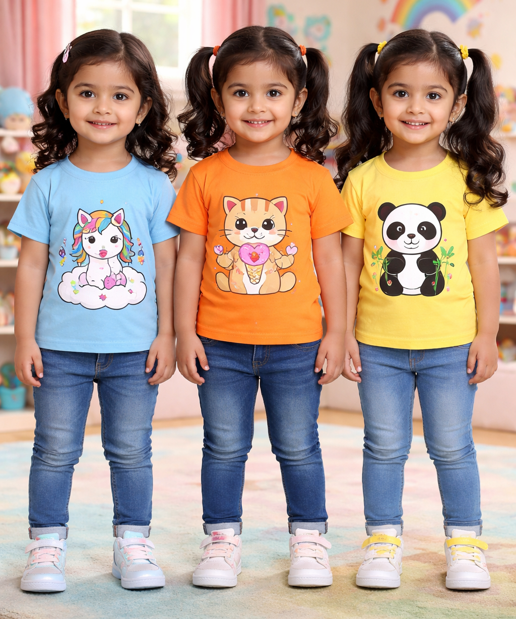 Kids Cotton Girls Tshirt With Cartoon Print Multi Color | Age 0 to 6 Years (Pack of 3 Pieces)