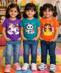 Kids Cotton Girls Tshirt With Cartoon Print Multi Color | Age 0 to 6 Years (Pack of 3 Pieces)