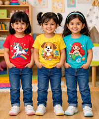 Kids Cotton Girls Tshirt With Cartoon Print Multi Color | Age 0 to 6 Years (Pack of 3 Pieces)