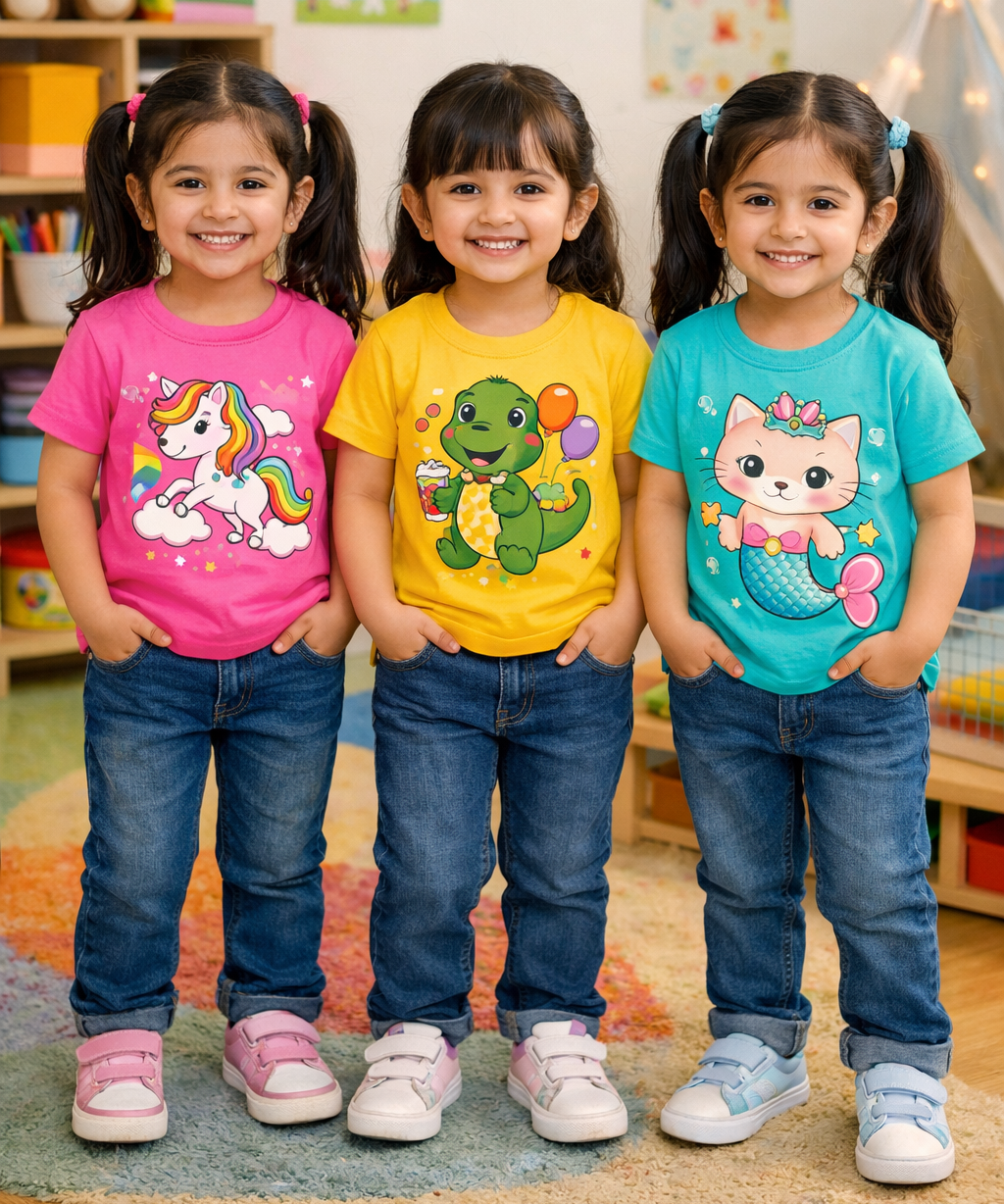 Kids Cotton Girls Tshirt With Cartoon Print Multi Color | Age 0 to 6 Years (Pack of 3 Pieces)