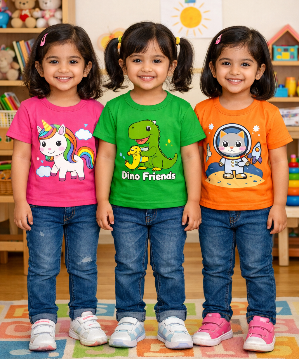 Kids Cotton Girls Tshirt With Cartoon Print Multi Color | Age 0 to 6 Years (Pack of 3 Pieces)