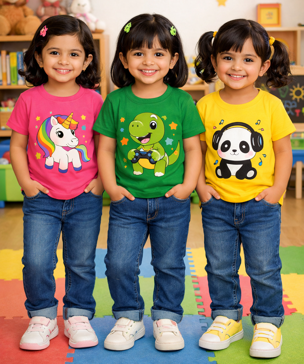 Kids Cotton Girls Tshirt With Cartoon Print Multi Color | Age 0 to 6 Years (Pack of 3 Pieces)