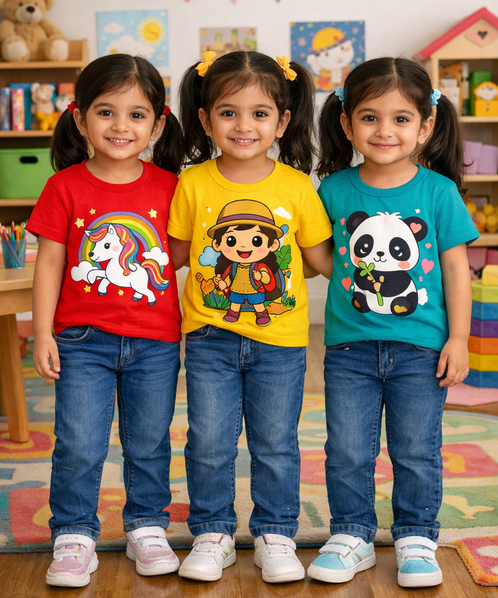 Kids Cotton Girls Tshirt With Cartoon Print Multi Color | Age 0 to 6 Years (Pack of 3 Pieces)