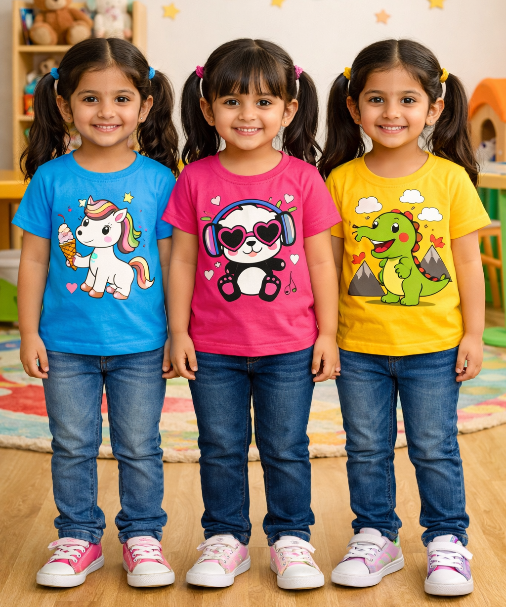 Kids Cotton Girls Tshirt With Cartoon Print Multi Color | Age 0 to 6 Years (Pack of 3 Pieces)