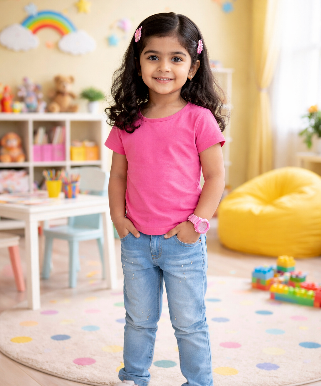 Kids Cotton Girls Plain T-shirt  | Age 0 to 6 Years | Solid Color