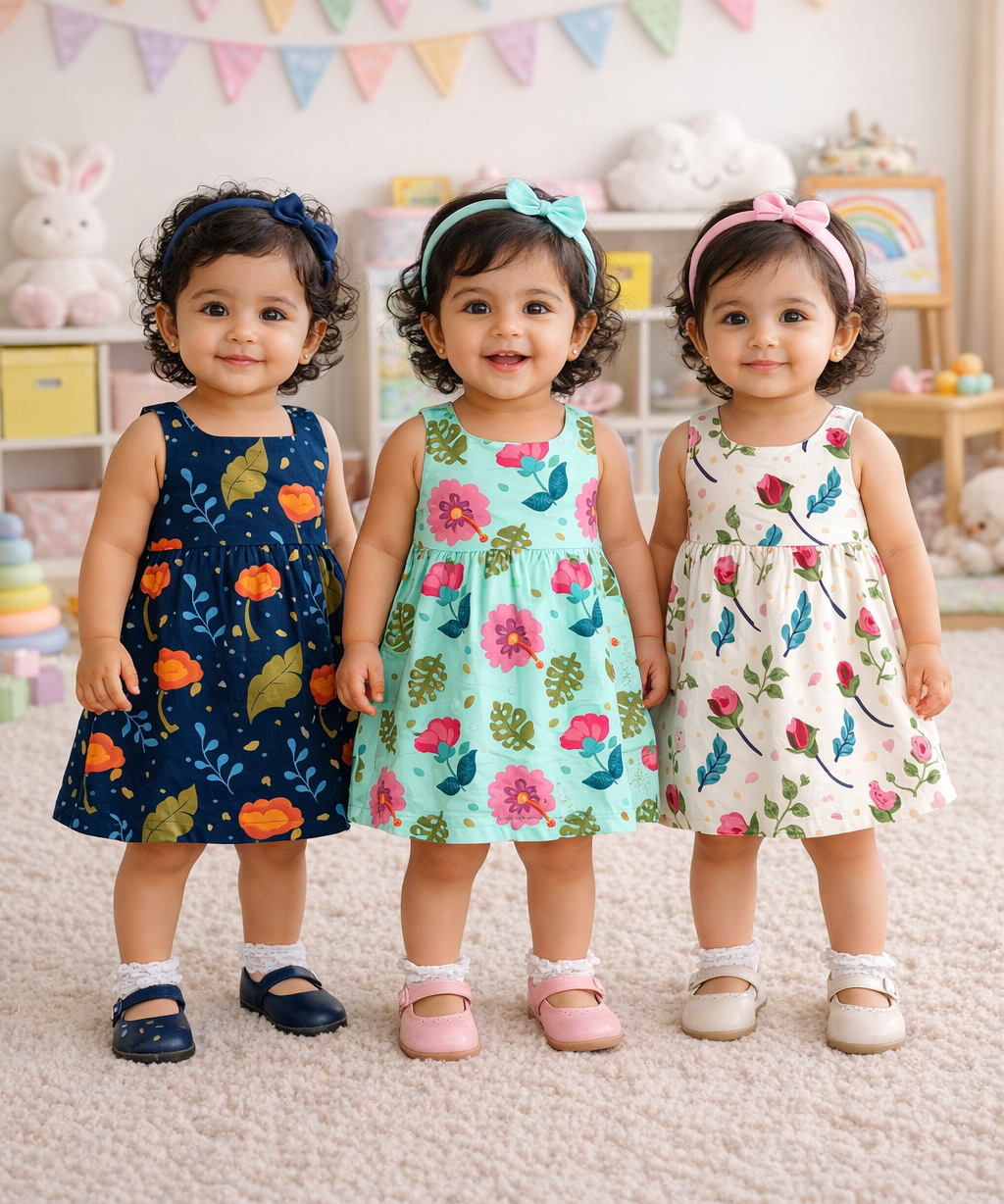 Girl Baby Sleeveless Frock | 100% Cotton Floral Printed Gown Dress/Frock Dress | Age 0 to 12 Months (Pack of 3)