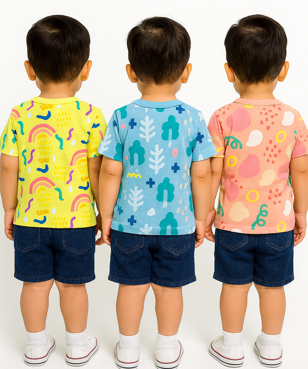 Kids All Over Printed Cotton Tshirt Multi Colour | Age 1 to 5 Years (Pack of 3 Pieces)