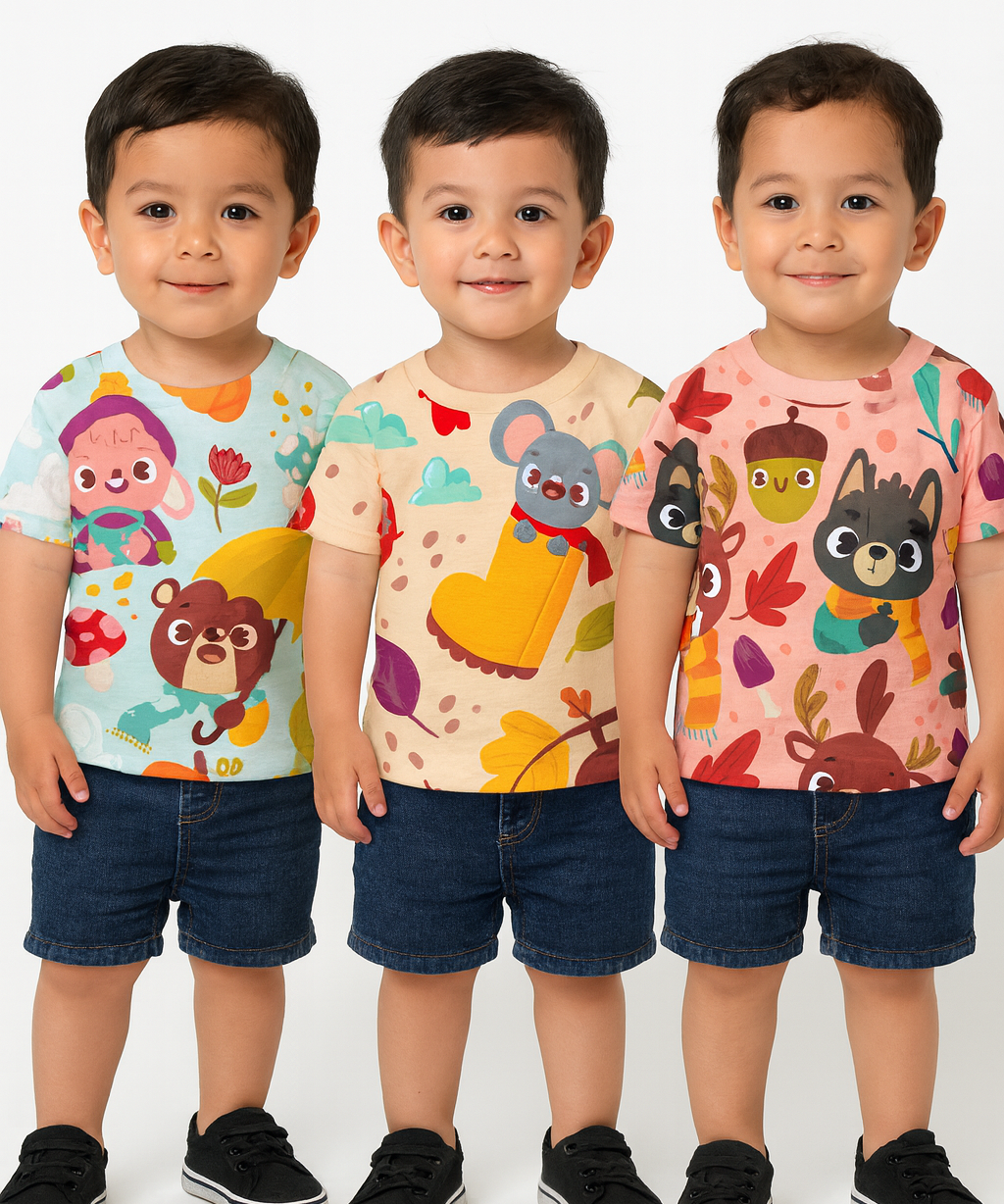 Kids All Over Printed Cotton Tshirt Multi Colour | Age 1 to 5 Years (Pack of 3 Pieces)