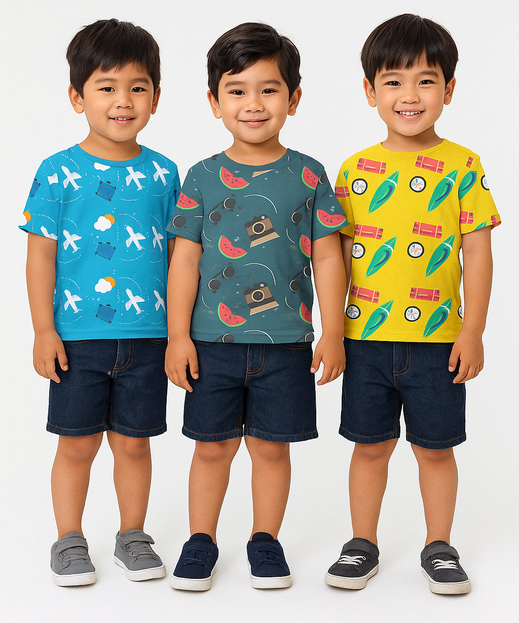 Kids All Over Printed Cotton Tshirt Multi Colour | Age 1 to 5 Years (Pack of 3 Pieces)