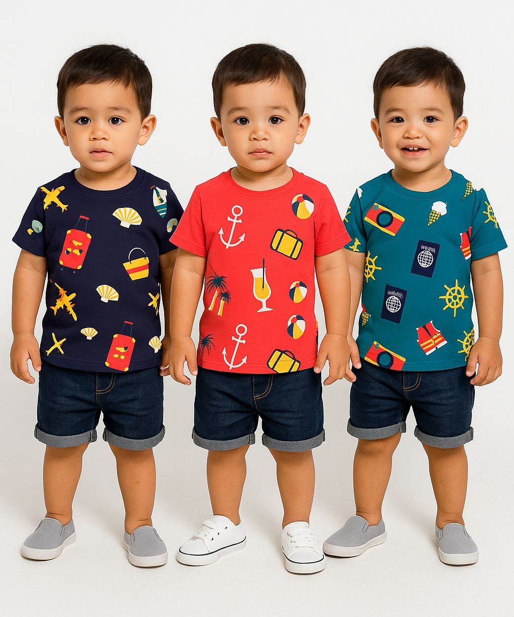 Kids All Over Printed Cotton Tshirt Multi Colour | Age 1 to 5 Years (Pack of 3 Pieces)