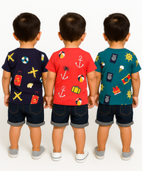 Kids All Over Printed Cotton Tshirt Multi Colour | Age 1 to 5 Years (Pack of 3 Pieces)