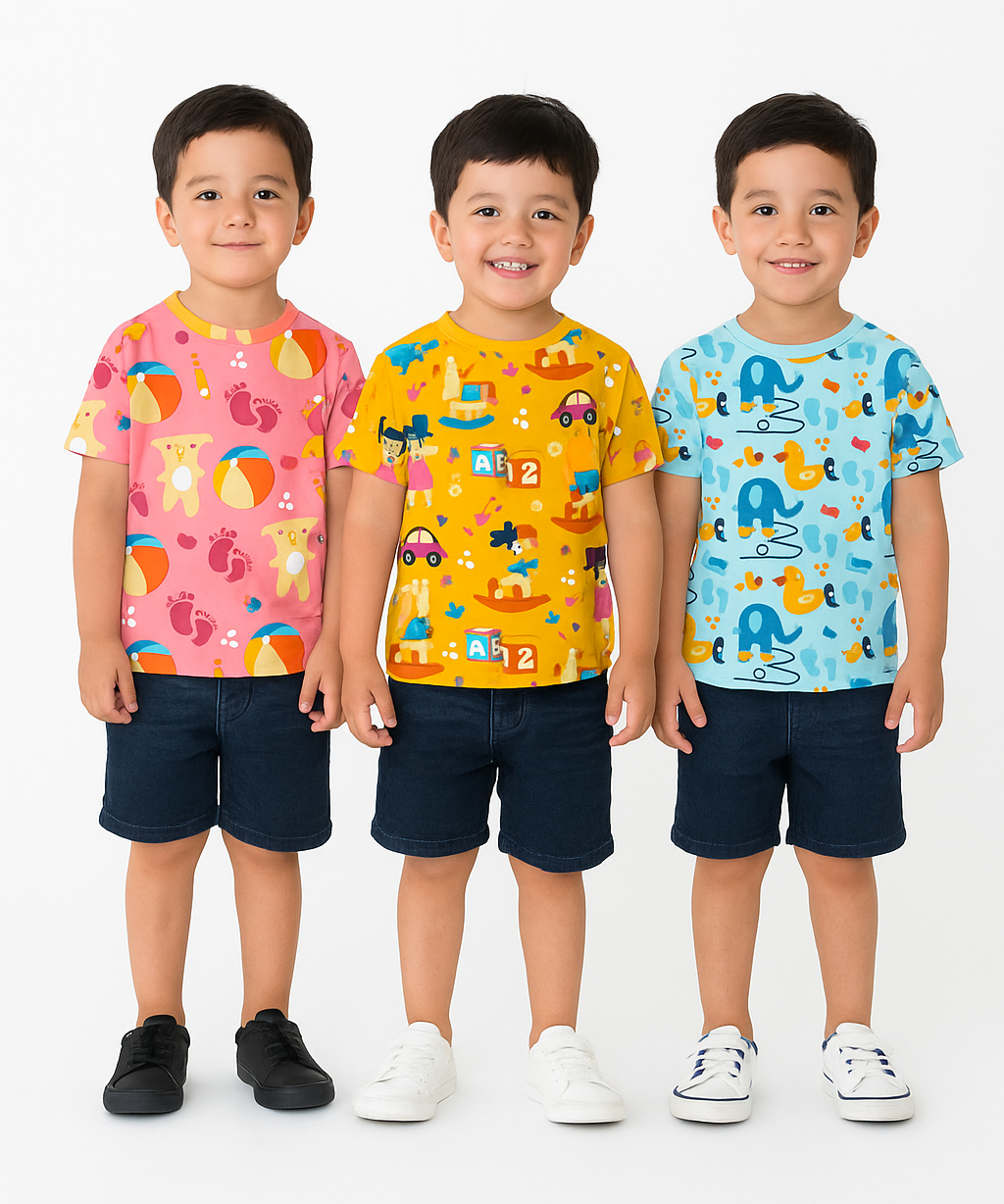 Kids All Over Printed Cotton Tshirt Multi Colour | Age 1 to 5 Years (Pack of 3 Pieces)