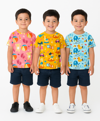Kids All Over Printed Cotton Tshirt Multi Colour | Age 1 to 5 Years (Pack of 3 Pieces)