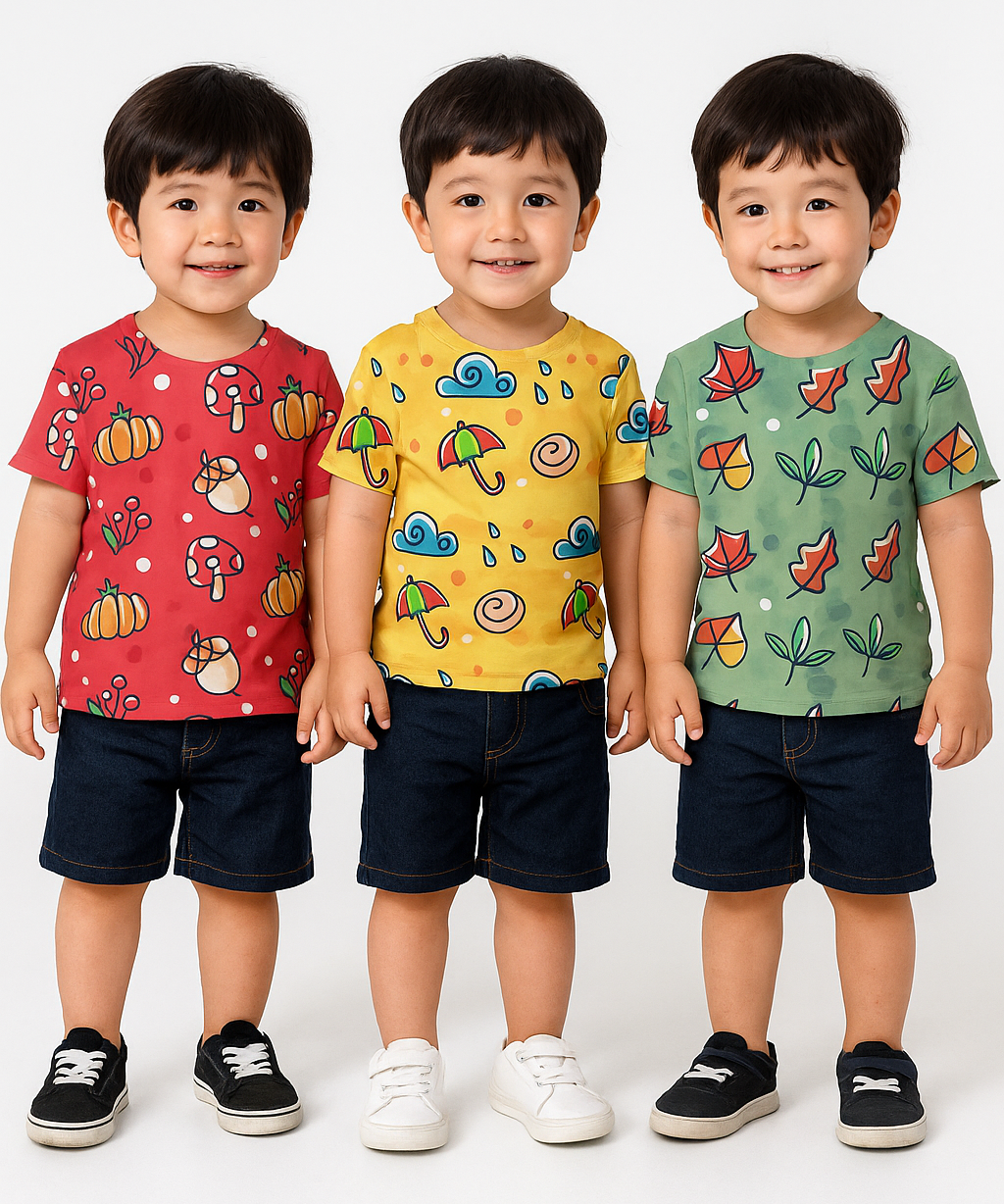Kids All Over Printed Cotton Tshirt Multi Colour | Age 1 to 5 Years (Pack of 3 Pieces)