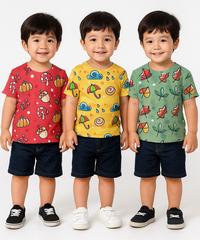 Kids All Over Printed Cotton Tshirt Multi Colour | Age 1 to 5 Years (Pack of 3 Pieces)