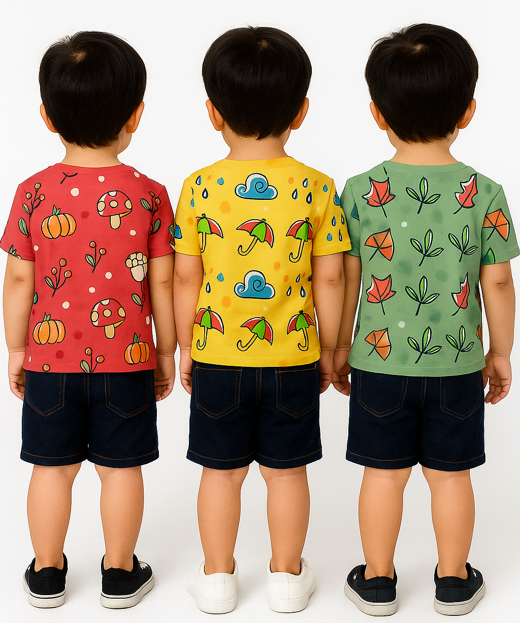 Kids All Over Printed Cotton Tshirt Multi Colour | Age 1 to 5 Years (Pack of 3 Pieces)