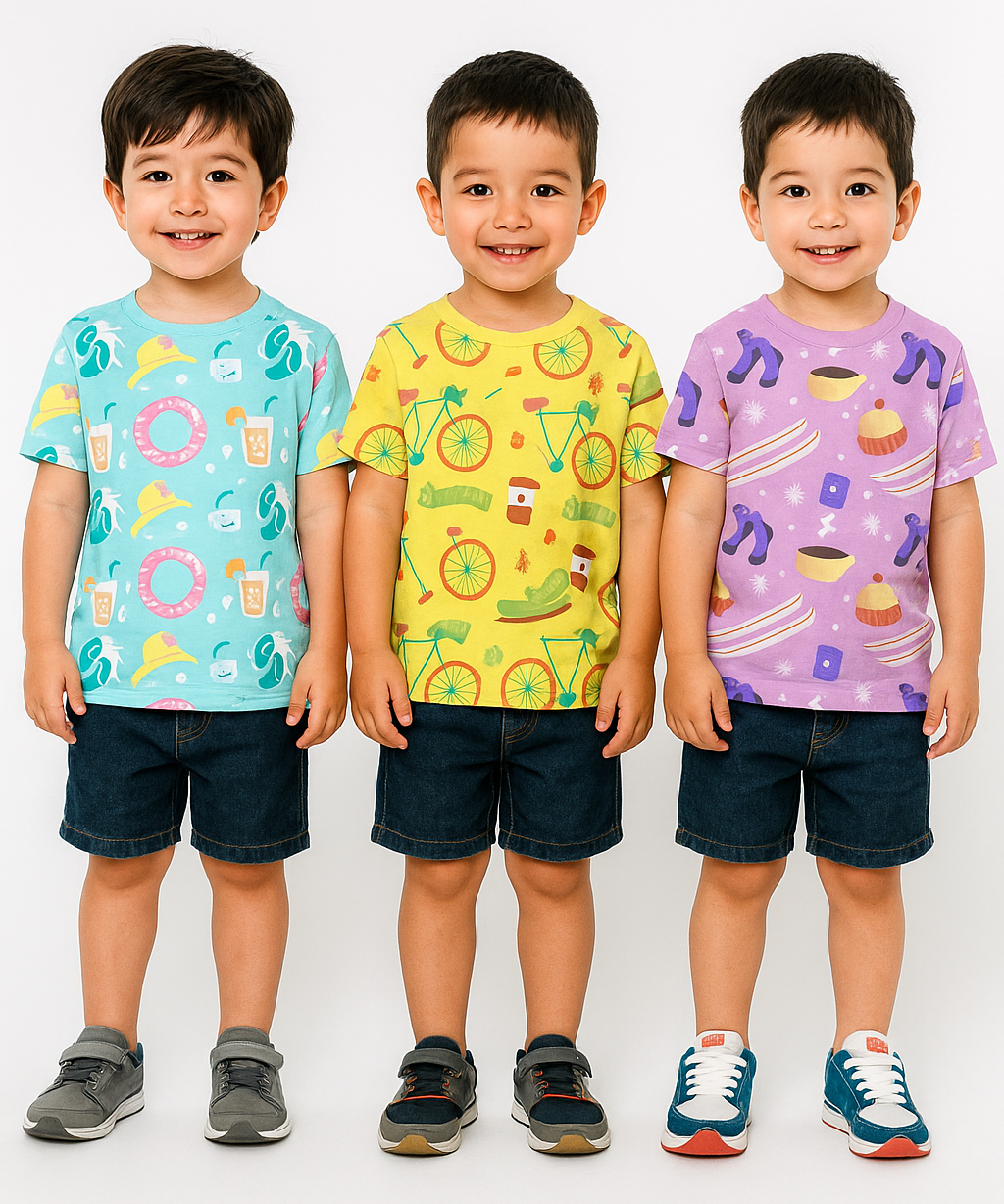 Kids All Over Printed Cotton Tshirt Multi Colour | Age 1 to 5 Years (Pack of 3 Pieces)