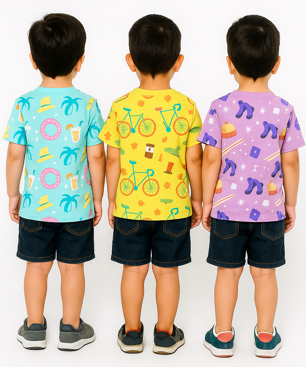 Kids All Over Printed Cotton Tshirt Multi Colour | Age 1 to 5 Years (Pack of 3 Pieces)