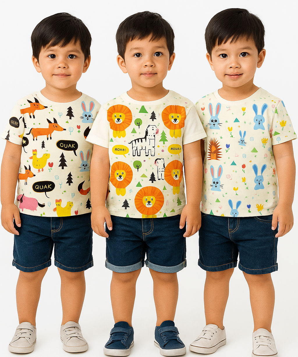 Kids All Over Printed Cotton Tshirt Multi Colour | Age 1 to 5 Years (Pack of 3 Pieces)