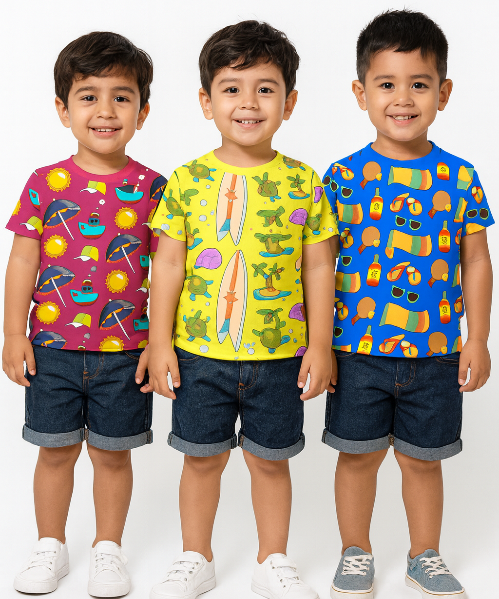 Kids All Over Printed Cotton Tshirt Multi Colour | Age 1 to 5 Years (Pack of 3 Pieces)
